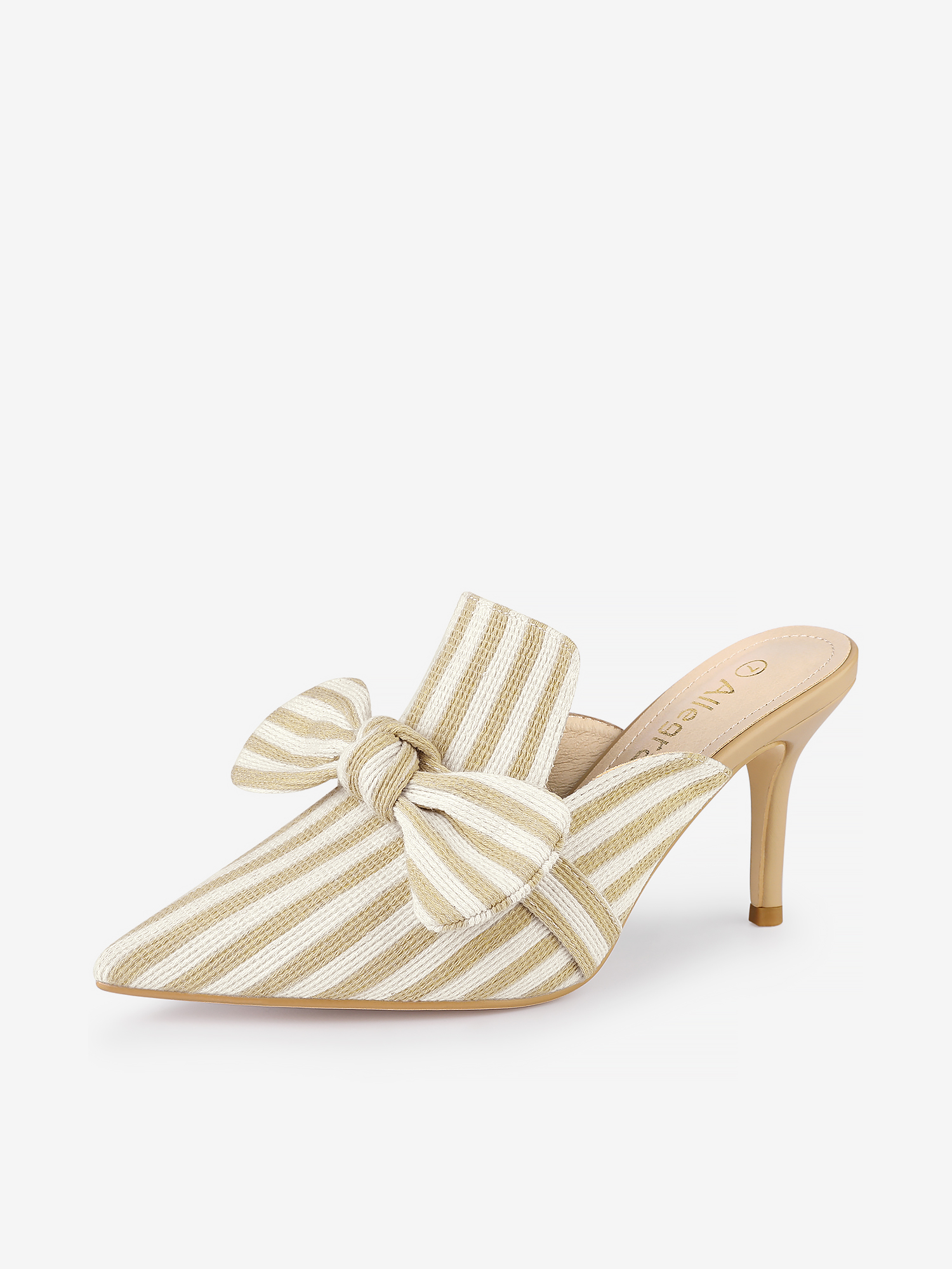 Stripe Bow Slip on Stiletto Heel Slides Mules Beige/10 - Allegra K catalog