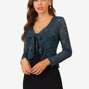 Floral Lace Tie Front Ruffled Hem Sheer Crop Bolero Shrug Dark Blue Grey/XL - Allegra K catalog