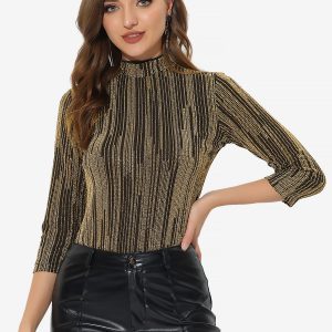 Party Glitter 3/4 Sleeve Shiny Striped Metallic Tops Shiny Gold/L - Allegra K catalog