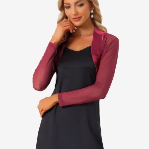 Satin Mesh Sheer Open Front Elegant Cropped Bolero Shrugs Wine Red/XS - Allegra K catalog