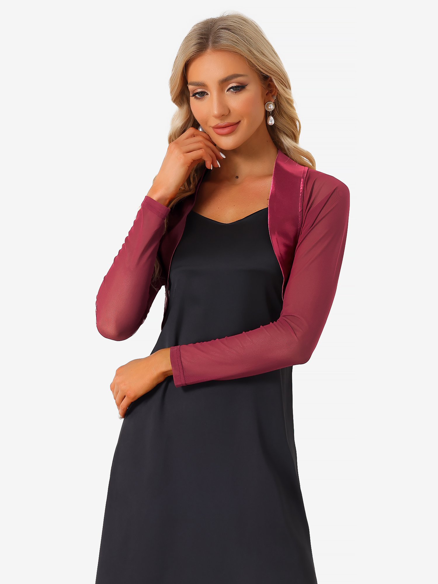 Satin Mesh Sheer Open Front Elegant Cropped Bolero Shrugs Wine Red/XS - Allegra K catalog