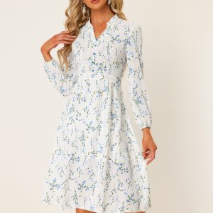 Floral Print Long Sleeve Spring Flowy Midi Boho Dress White/XL - Allegra K catalog