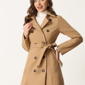 Lapel Double Breasted Slant Pocket Button Belted Pea Coats Khaki/S - Allegra K catalog