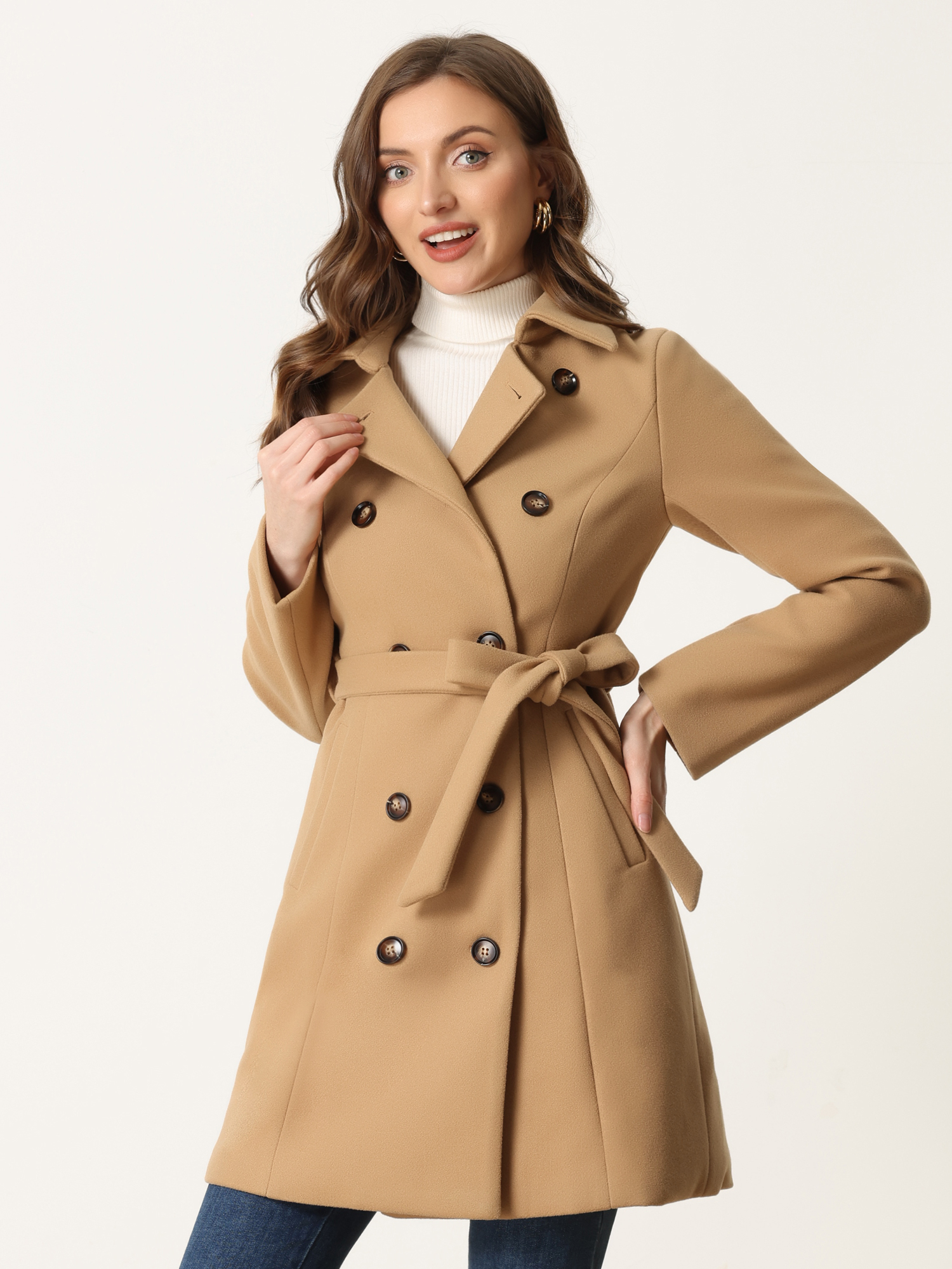 Lapel Double Breasted Slant Pocket Button Belted Pea Coats Khaki/L - Allegra K catalog