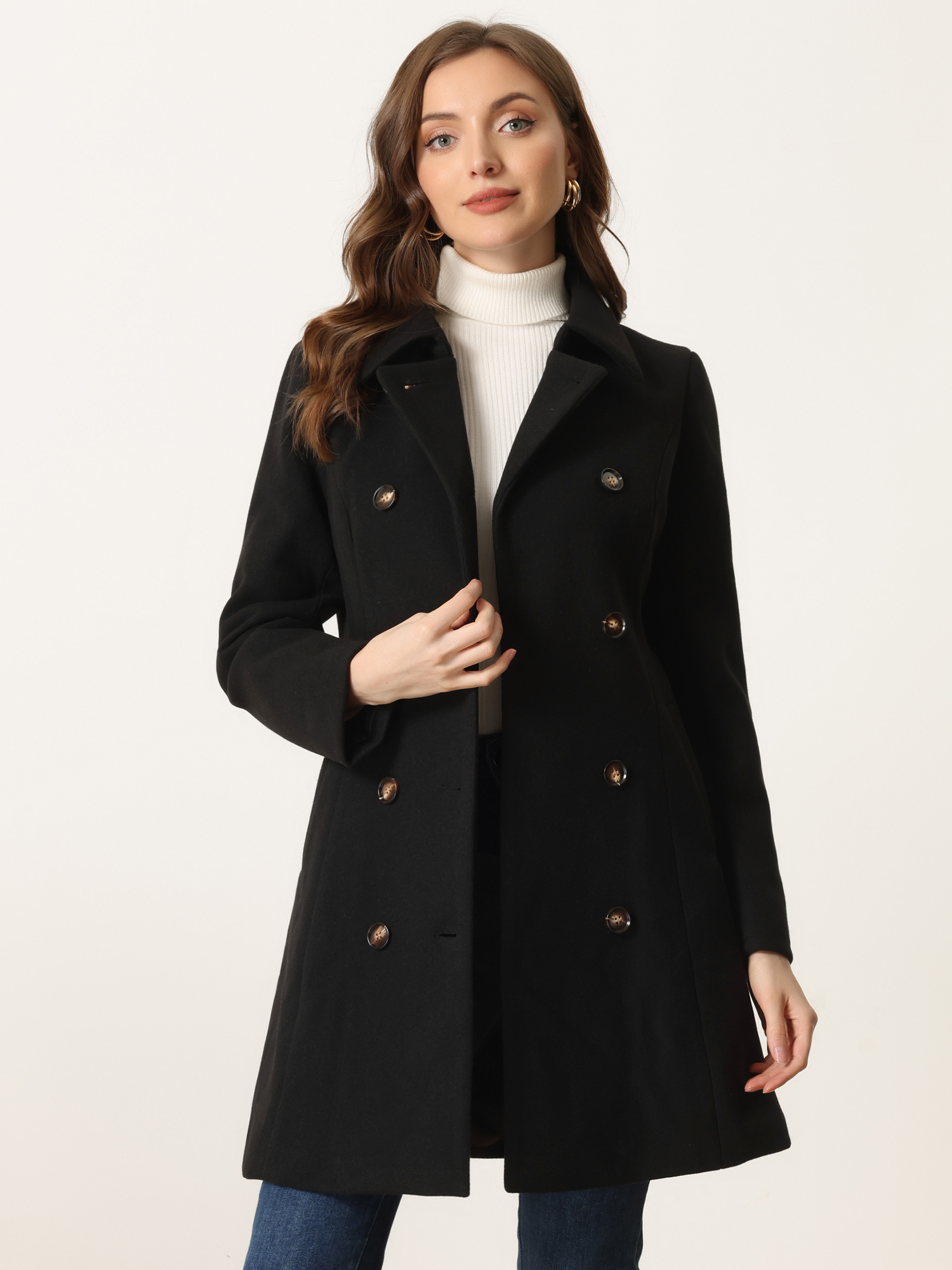 Lapel Double Breasted Slant Pocket Button Belted Pea Coats Black/XS - Allegra K catalog
