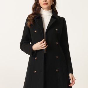 Lapel Double Breasted Slant Pocket Button Belted Pea Coats Black/S - Allegra K catalog