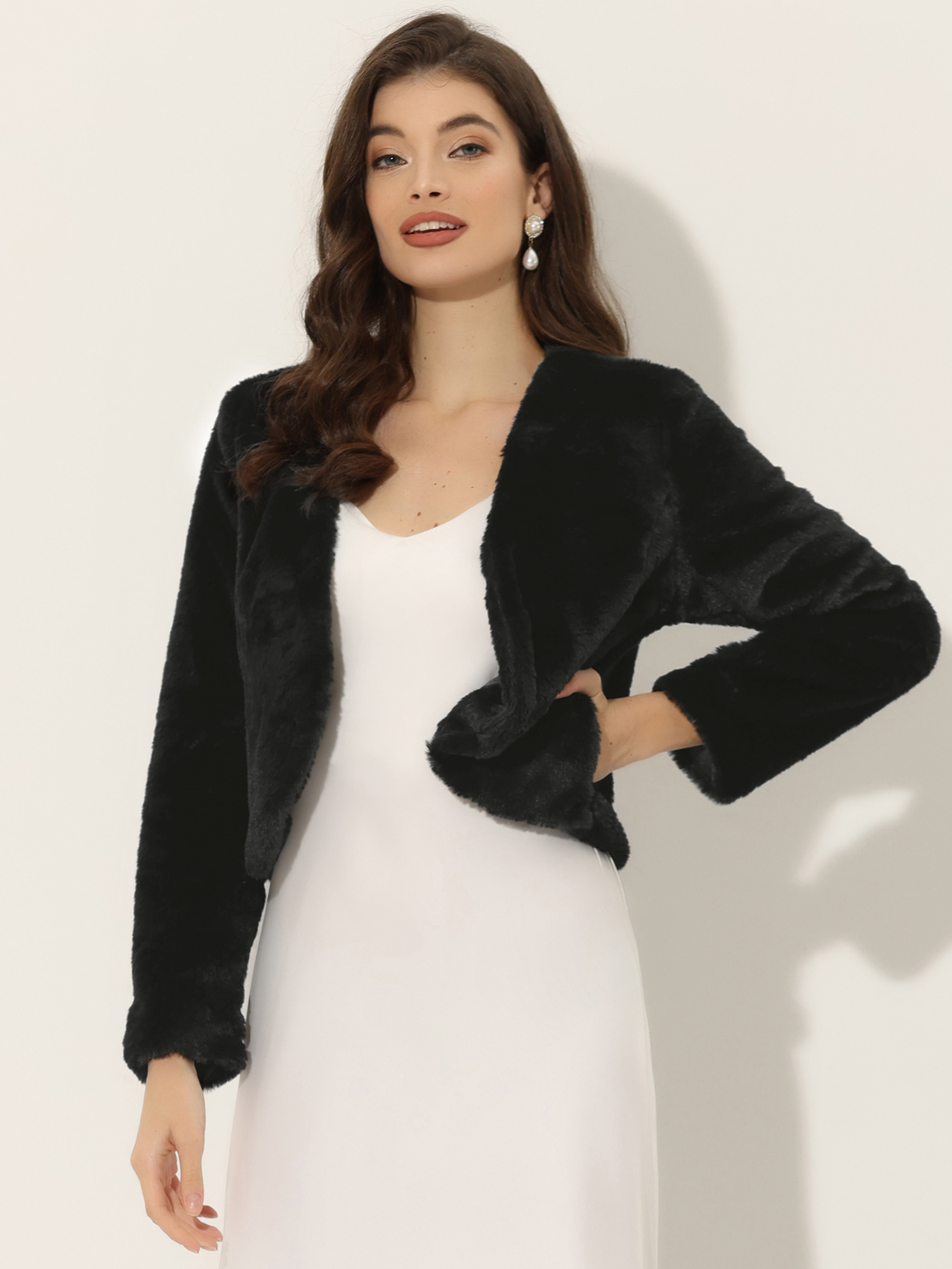 Faux Fur Long Sleeve Open Front Bolero Winter Coat Cropped Jacket Black/XS - Allegra K catalog
