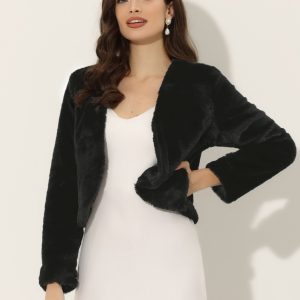 Faux Fur Long Sleeve Open Front Bolero Winter Coat Cropped Jacket Black/L - Allegra K catalog