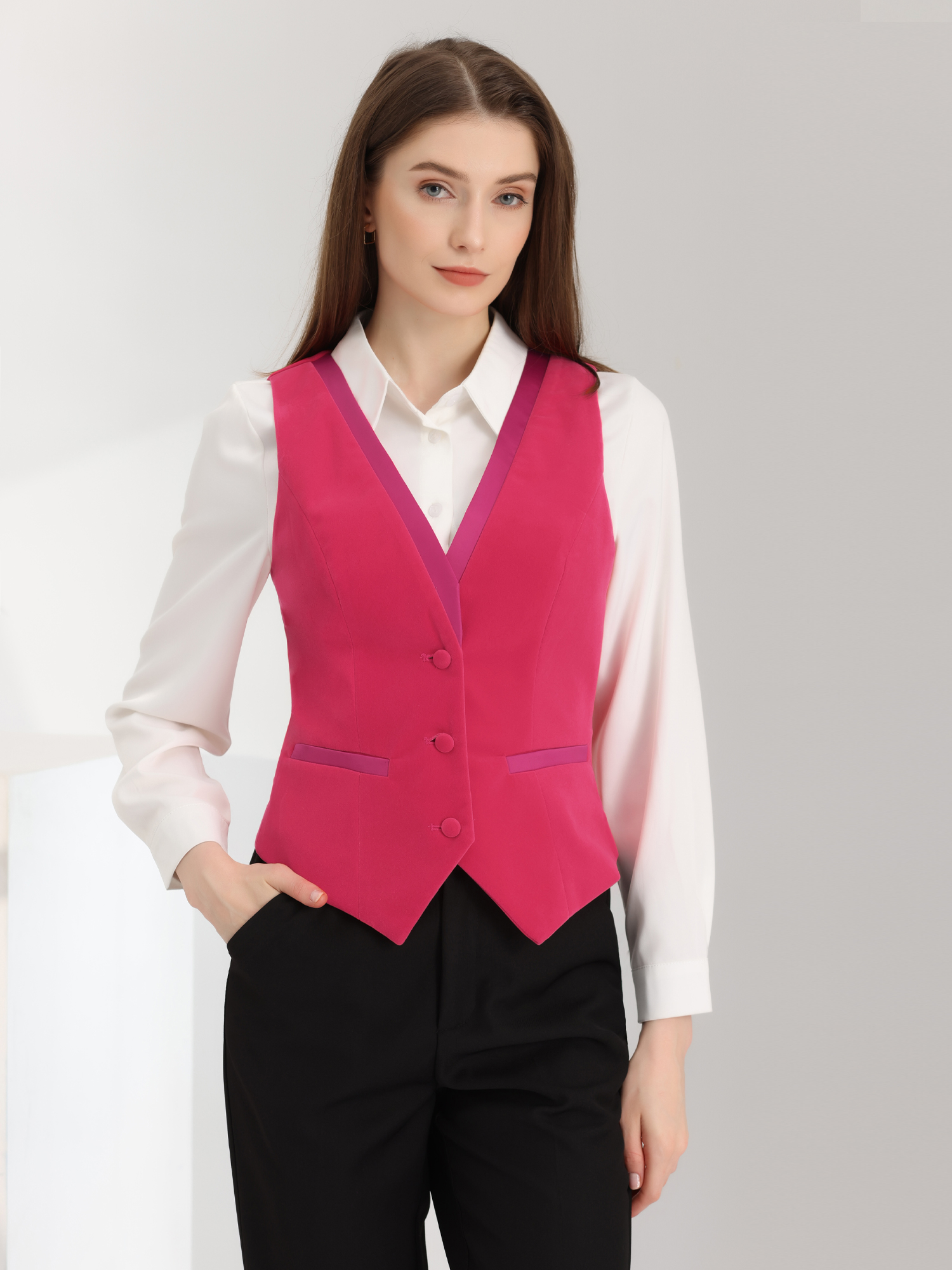 Retro Velvet Waistcoat V Neck Sleeveless Racerback Steampunk Vest Hot Pink/XS - Allegra K catalog