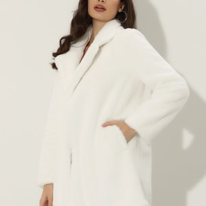 Lapel Collar Faux Fur Fuzzy Winter Warm Pockets Coat White/XS - Allegra K catalog