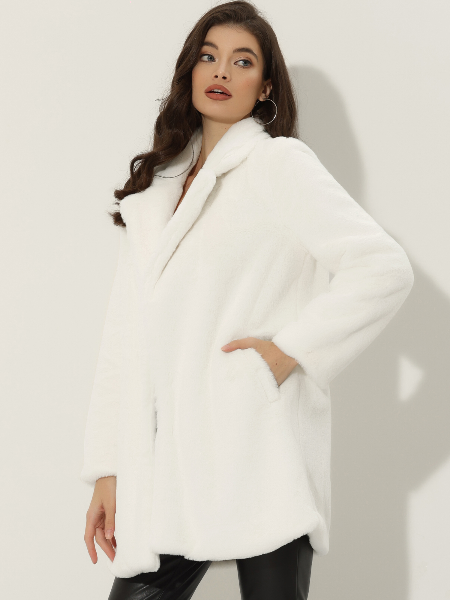 Lapel Collar Faux Fur Fuzzy Winter Warm Pockets Coat White/XS - Allegra K catalog