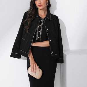 Collared Long Sleeve Contrast Trim Button Down Work Short Jacket Black/M - Allegra K catalog