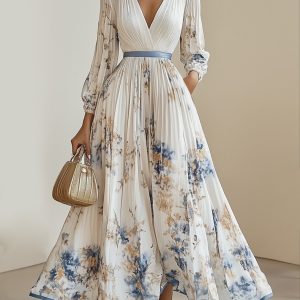 Elegant Floral Print Party Dresses Women Sexy V Neck Boho Patchwork Long Dress Fall Spring Long Slve Fashion Robe Femme L250916