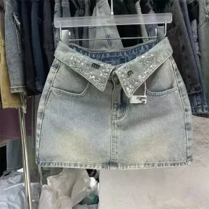 Spring and Summer New Light Blue V-shaped Flip Neck Denim Skirt High Waist Small Spicy Girl Hot Diamond Sweet Spicy Short Skirt Sasa