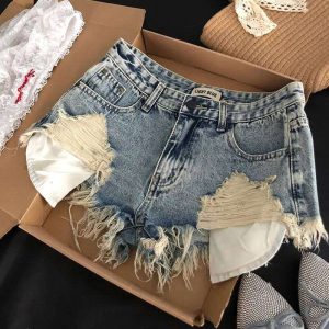 Ripped Jeans Shorts Women's Retro Pockets Fringed Rough Edge Design Y2k Slim-fit Hip-wrapped Super Short Hot Pants H260209
