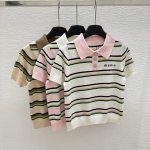 European goods luxury 2026 lapel summer knitting new short-sleeved sweater striped fashion Joker top women's fashion tide S--XXL