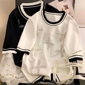 Neploe New Ice Silk O-Neck Beading T-Shirts Fashion Sweet Knitted Short Sleeve Tee Shirt Summer Loose Black Tops Women