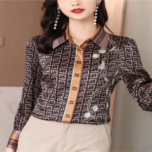 Fashion Silk Print Brown Shirt Women Long Sleeve Lapel Button Designer Blouses Spring Autumn Office Ladies Shirts Runway Woma
