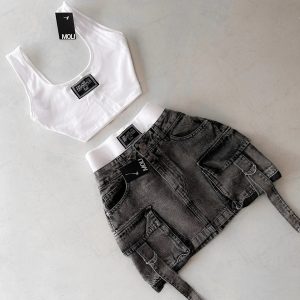 Y2k Fashion Womens Two Peice Sets Multiple Pockets Denim Skirt Goth Straps Haruku Casual Versatile Strap Streetwear