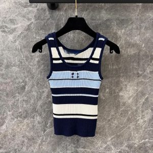 Women's o-neck sleeveless logo embroidery knitted tanks color block stripe vest camis XSSML