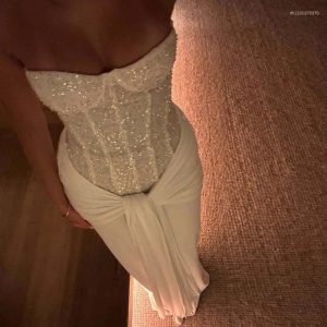 Casual Dresses Shining Splicing Gown Party Dress For Women Sexy Strapless Sleeveless Slim Evening Elegant Tie-Up Draped White Long