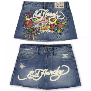 Women Designer Skirt Y2K Vintage Letter Prints Graphic High Waist Denim Mini Skirt Cotton Trendy Personality Bodycon Skirt