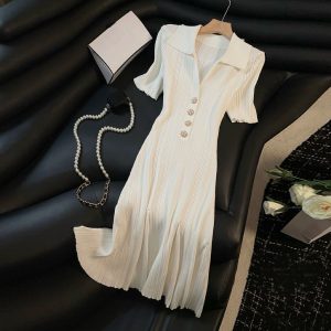 Summer Womens Black Rice Single Chest Knitted Long Skirt Green Elegant Office Short Sleeve Folded Dress Fashion High quality