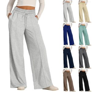 CNLONGBIDA Women's Pants Women Oversized Wide Leg Lightweight Sweatpants Elastic Waist Drawstring Straight Streetwear Casual