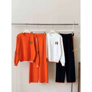 Spring And Autumn Round Neck Long Sleeve Knitted Shirt Top Loose Wide Leg Pants Elegant Women's Two Piece Set