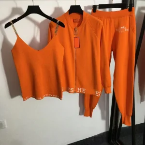 Womens sports three piece set jacquard loose hoodie new spicy girl vest running knitted suspender elastic temperament set S-2XL