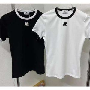 2026 Designer Coureges t Shirt Summer Short Sleeve Women Tshirt Contrast Color Embroidery Slim Fit Top Tee High Quality