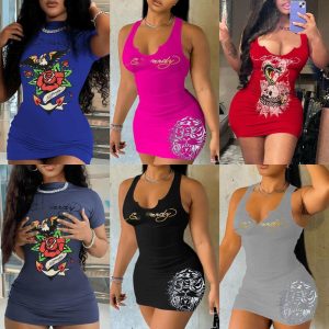 Summer Designer Womens Slim Mini Clubwear Sun Dresses For Women Fashion Pattern Printed Sleeveless Bodycon Dress Plus Size Xs 3xl