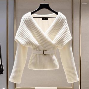 Women's Sweaters Fashion Women White Knitted Sweater Blouses V-neck Long Sleeve Vintage Top Soft Luxury Pullovers 2025 Autumn Winter