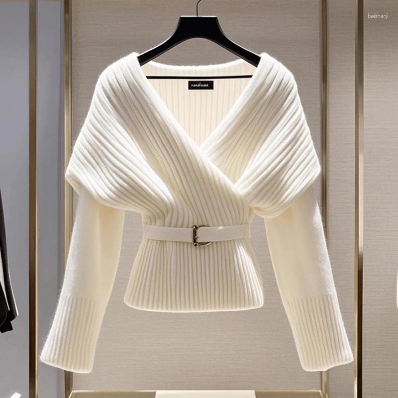 Women's Sweaters Fashion Women White Knitted Sweater Blouses V-neck Long Sleeve Vintage Top Soft Luxury Pullovers 2025 Autumn Winter