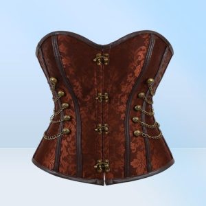 Women Vintage Steampunk Gothic PU Leather Panels Jacquard Overbust Corset Top with Chains and Buttons Accent S6XL Plus Size Brown5830902