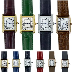 Women's Tank Style Watch 24mm/27mm, Classic Square Dial, Diamond Bezel, Multicolor Leather Strap, for Daily/Office/Party, Ladies Quartz Wristwatch