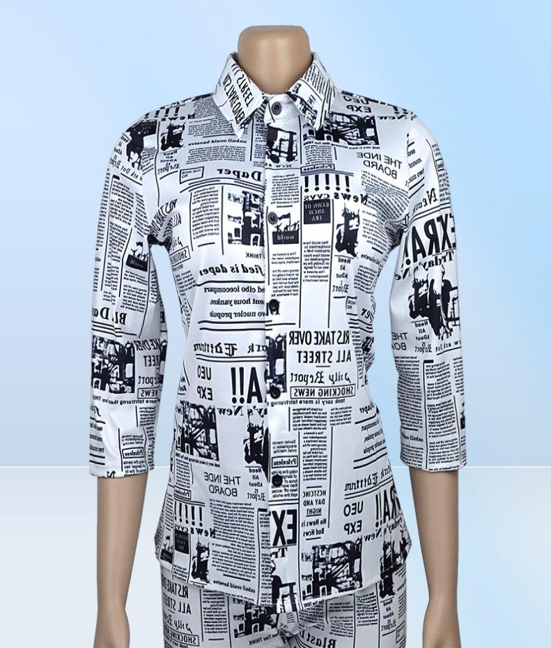 Womens Two Piece Pants Spapers Printing Outfits INS Fashion 34 Sleeves Shirt Nightclub Party Sets2548978