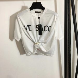 22 Designers T-shirts Fashion T Shirts Women Chest Letter Shirt Big pins flowers printing Pin tucked waist short sleeved T-shirt Collect waist Tops Tees vercace SML