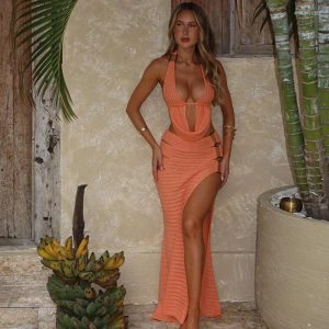 Women's Swimwear Solid Color Knitted Beach Two Piece Set 2025 Summer Fashion Halter Lace-up Camis Split Long Skirts Bikini Swimsuit Cover Up