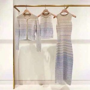 Women Gradient Wave Pattern Knit Dress Hollow Out Round Neck Female Slim Sleeveless Knitted Midi Robe Summer 2024