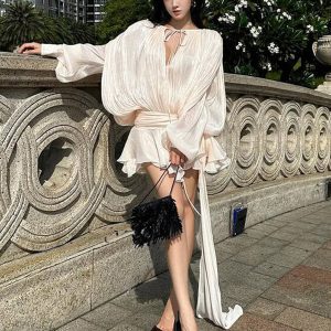 CMLONGBIDA Casual Dresses Chic Ruffle Hem Mini Dress O Neck Lace Up Loose Blouse Lantern Sleeve Solid Chiffon Vestidos 2025 Lady Spring Gown