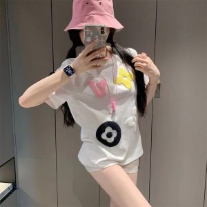 New American Summer Loose-Fitting Women's Short-Sleeved Trendy Brand Flocked Embroidered Streetwear Hit Piece Top