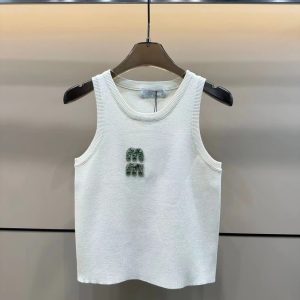 Womens Tank Top Summer Embroidery BreathableSlim Sleeveless Camis Croptop Outwear Elastic Sports Knitted Tanks