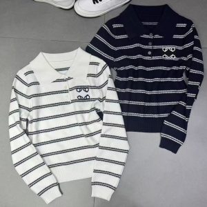 European goods luxury 2025 autumn and winter new embroidery fashion Joker knit striped lapel sweater long sleeve blouse female