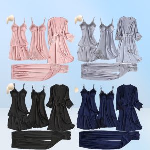 Satin Lace Pajamas Set Women 5PC Strap Top Pants Sleepwear Sleep Suit Spring Autumn Pyjamas Home Wear Nightwear Robe Gown MXXL