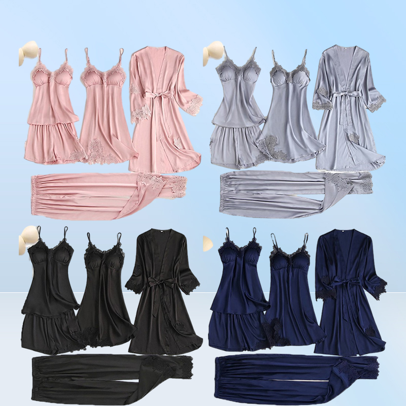 Satin Lace Pajamas Set Women 5PC Strap Top Pants Sleepwear Sleep Suit Spring Autumn Pyjamas Home Wear Nightwear Robe Gown MXXL