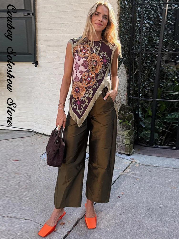 Women's T Shirts Vintage Tassel Printed Irregular Tops Women Sleeveless Round Neck Patchwork Lady Casual Daily Fashion Summer Clothes
