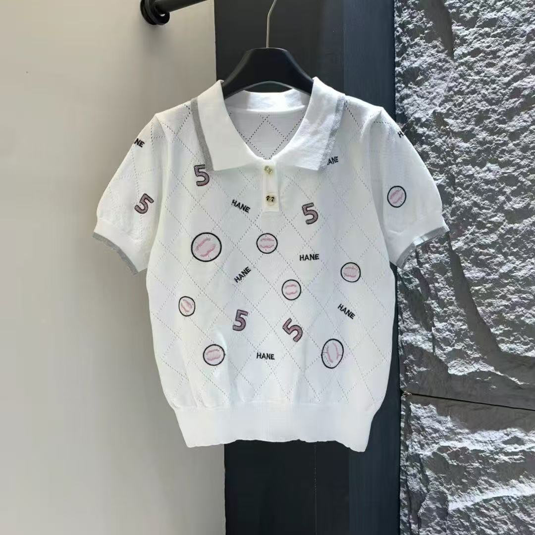 2025 Designer Women's Knitted Lapel Sweater Luxury Embroidery Letter T-Shirt Summer Short Sleeve Fashion Cotton High Quality