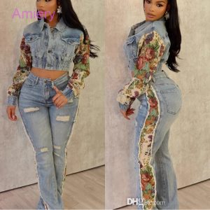 Denim Floral Ptinted Patchwork Two Piece Set Women 2024 Fall Winter INS Tracksuit Full Sleeve Jacket And Ripped Jeans Pants Casual Suit 2PCS Sets For Women Outfit
