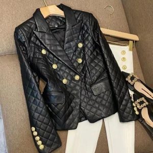 Women's Jackets Streetwear Black Coat Women Vintage Leather PU Tunic Outwear Double Breasted Slim Fit Temperament Tops 2024 Ropa Mujer